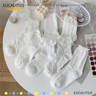 EUTUS ถุงเท้าข้อสั้น ผ้าลูกไม้ ลายดอกไม้ สีขาว สไตล์โลลิต้า สําหรับผู้หญิง