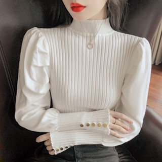 K เสื้อกันหนาวแขนพัฟ ผ้าถัก ทรงสลิมฟิต สไตล์ตะวันตก สําหรับผู้หญิง