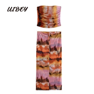 Uibey เสื้อท็อป ผ้าไหม เซ็กซี่ + กระโปรงยาวครึ่งหนึ่ง 9460