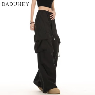 DaDuHey🎈 American Style Retro Overalls Women High Waist Loose Wide Leg Multi-Pocket Loose Fashion Ice Silk Cargo Pants