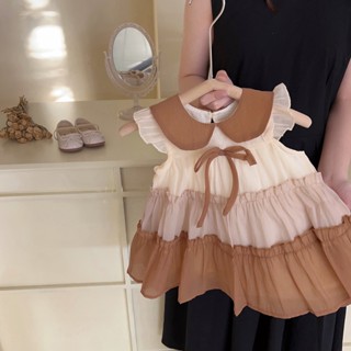 Girls dress 2023 summer new girls baby doll collar princess skirt childrens flying sleeves spliced mesh dress