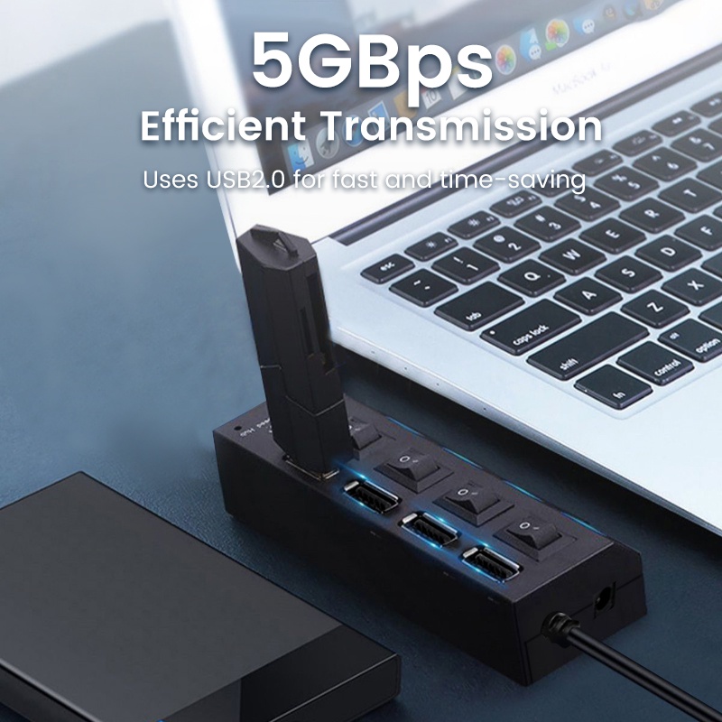 Elough อะแดปเตอร์ฮับ USB 2.0 4/7 พอร์ต ความเร็วสูง พร้อมสวิตช์