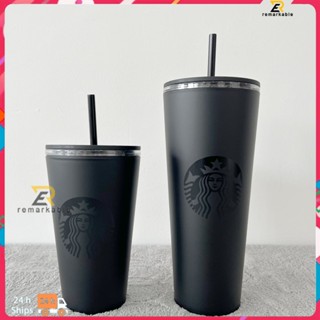 คลังสินค้าพร้อม Starbucks Straw Cup Large Capacity Portable Belly Cup Water Cup Matte Black Coffee Cup Frosted Plastic Straw Cup Starbucks Cup