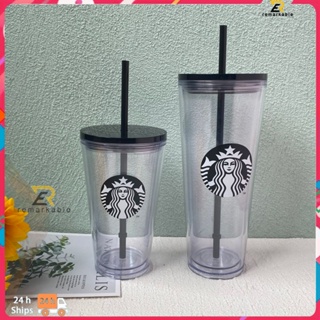 พร้อมส่ง Starbucks Plastic Classic Double Layer Plastic Cup Reusable Straw Cup Cold Cup Black Transparent 470ml / 710 Ml amazing_th