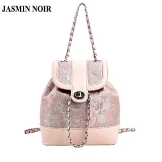 Jasmin NOIR กระเป๋าเป้สะพายหลัง กระเป๋านักเรียน หนัง PU พิมพ์ลายดอกไม้ แต่งสายโซ่ล็อค ขนาดเล็ก สําหรับผู้หญิง