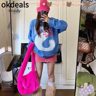 Okdeals กระเป๋าสะพายไหล่ ผ้ากํามะหยี่ขนนิ่ม ขนปุยนิ่ม สีแคนดี้ แฟชั่นสําหรับผู้หญิง