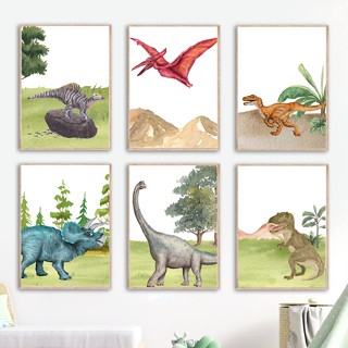 โปสเตอร์ภาพวาดผ้าใบ รูปไดโนเสาร์จูราสสิก T-rex Stegosaurus สําหรับตกแต่งผนังห้องเด็ก