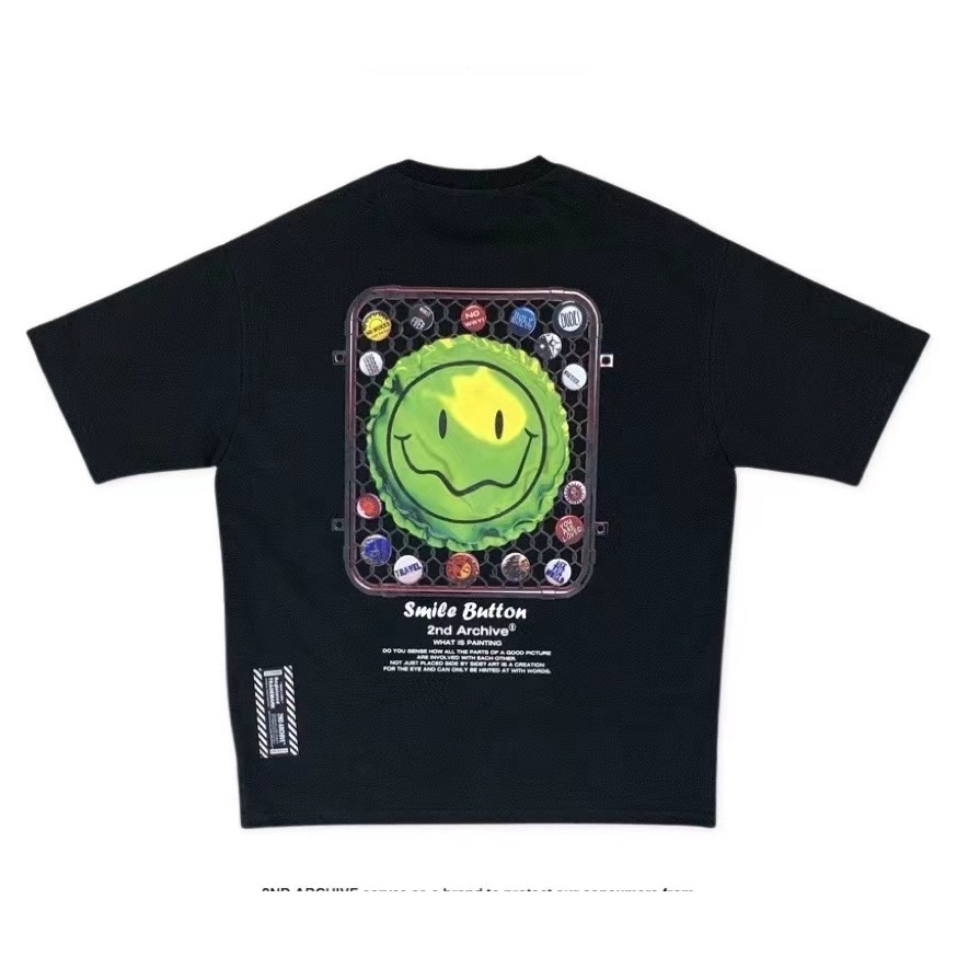 2ND ARCHIVE Smiling Face พิมพ์เสื้อยืดแขนสั้นหลวมแฟชั่น Unisex
