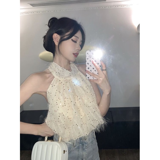 เสื้อกั๊ก เกาะอก ประดับเลื่อม แบบผูกเชือก สําหรับผู้หญิง
