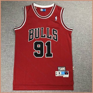 Si เสื้อกีฬาแขนกุด ลาย NBA Jersey Chicago Bulls No.91 Rodman สีแดง สไตล์เรโทร พลัสไซซ์