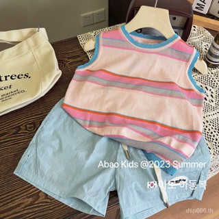 Girls summer suit 2023 new childrens western style baby girls thin summer knitted vest shorts two-piece set VUG7