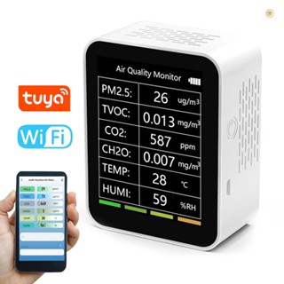 Spellbeautiful Tuya เครื่องตรวจจับคุณภาพอากาศ WiFi แบบพกพา 6 In 1 PM2.5 TVOC CO2 CH2O สําหรับบ้าน ออฟฟิศ