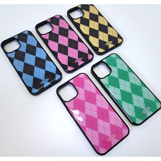 Argyle checkered pattern epoxy bumper case (5 types) compatible for iPhone 14 13 12 11 pro max mini s23 s22 s21 s20 note ultra plus pink purple matt glossy