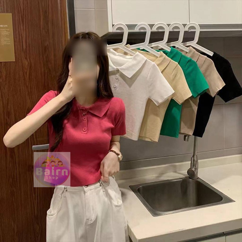 👄BRS👄เสื้อไหมพรมแขนสั้น คอปกแต่งกระดุม สีพื้น มินิมอล น่ารัก สไตล์เกาหลี #A40