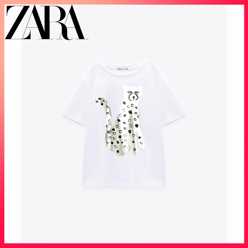 Zara ใหม่ เสื้อยืด พิมพ์ลาย สีตัดกัน สําหรับผู้หญิง