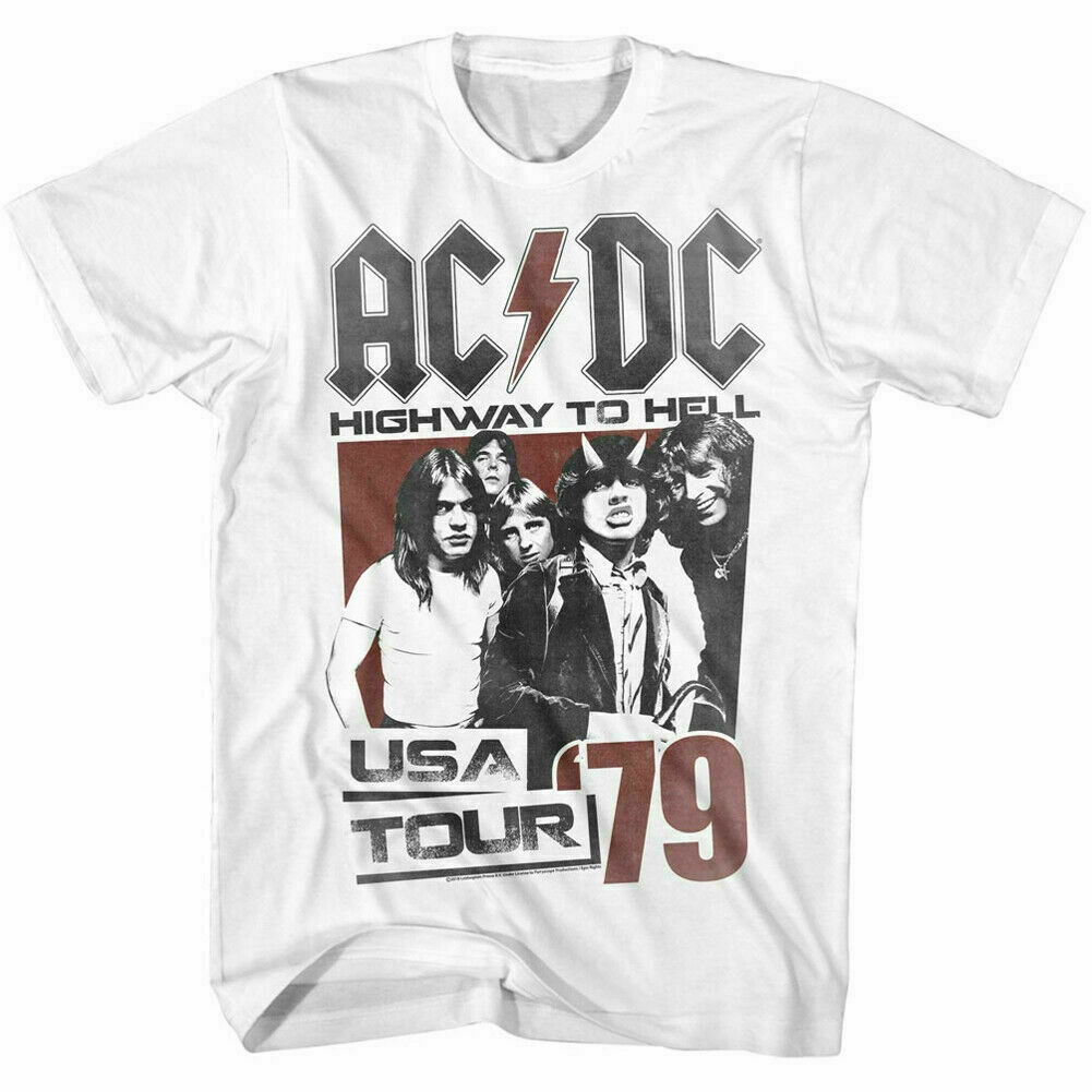 เสื้อยืดแขนสั้นAC DC Hell Tour 79 T เสื้อบุรุษที่ได้รับอนุญาต Rock N Roll Music Band Tee Retro สีขาว