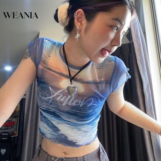 Weania เสื้อยืดครอปท็อป ผ้าตาข่าย พิมพ์ลาย Y2k ซีทรู เซ็กซี่ สําหรับผู้หญิง