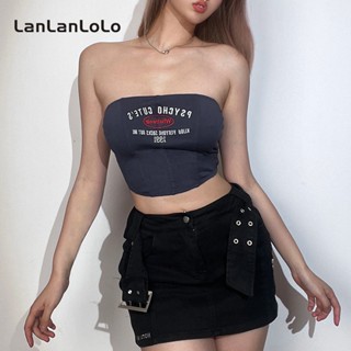 Lanlanlolo เสื้อครอปท็อปลําลอง เอวลอย เข้ารูป พิมพ์ลาย สําหรับผู้หญิง 2023