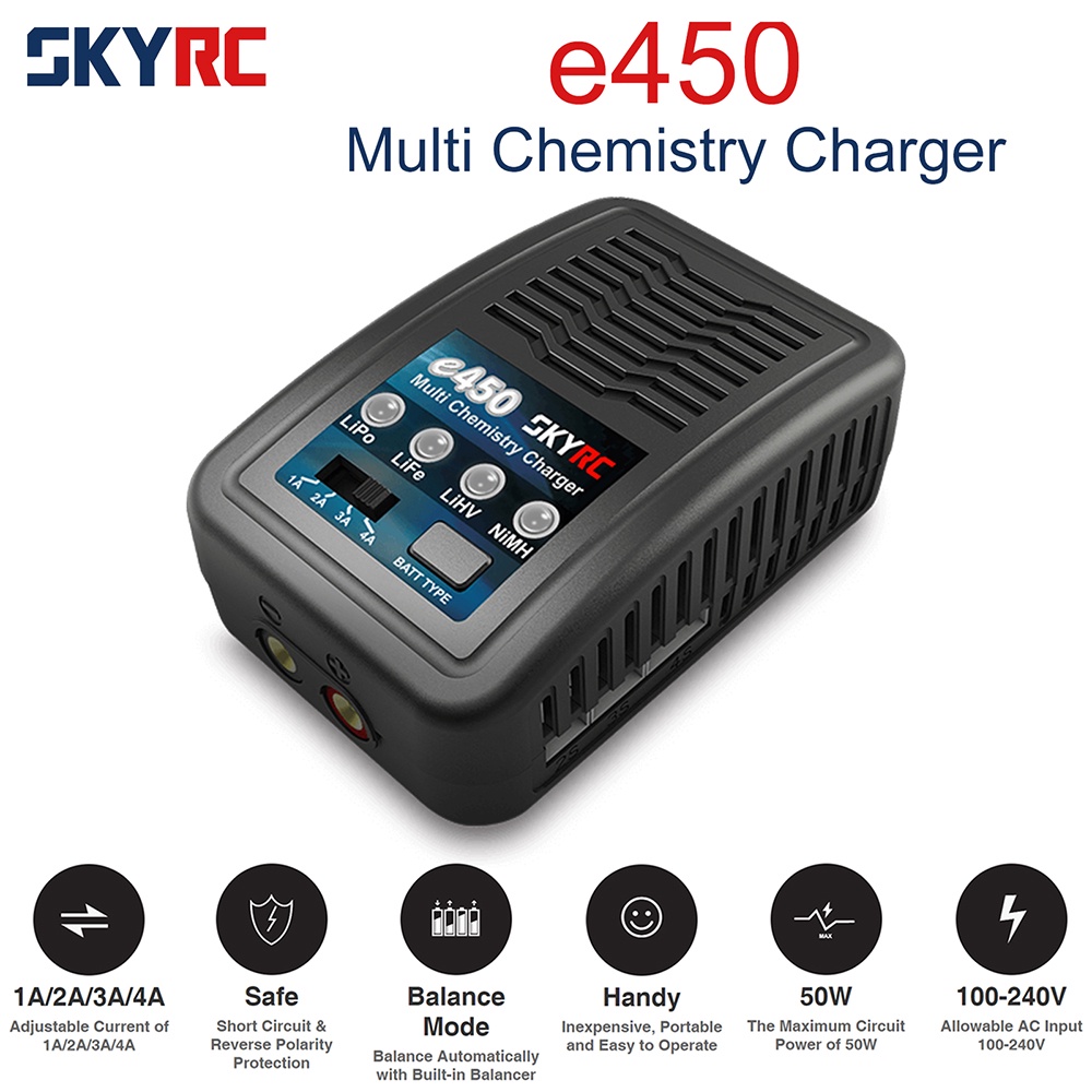 SKYRC e450 50W 4A เครื่องชาร์จหลายตัวสําหรับแบตเตอรี่ NiMH 2-4S LiPo / LiFe / LiHV 6-8S