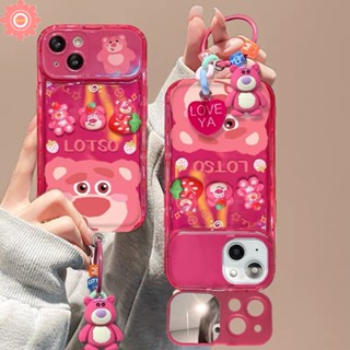 เคสโทรศัพท์มือถือแบบนิ่ม กันกระแทก ลายการ์ตูนหมีสตรอเบอร์รี่น่ารัก 3D พร้อมกระจกแต่งหน้า สําหรับ iPhone 11 7Plus 14 12 13 Pro MAX 11 Pro MAX 7 8 14 Plus XR X XS MAX SE