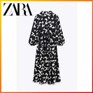 Zara ใหม่ ชุดเดรส พิมพ์ลาย พร้อมเข็มขัด แฟชั่นฤดูใบไม้ร่วง สําหรับผู้หญิง