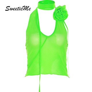 SweeticMe Womens 2023 New Fashion Flower Solid Color Halter Backless Slim Fit Tank Tops Camisole