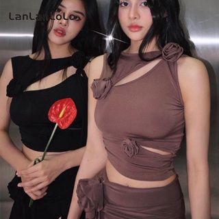 Lanlanlolo เสื้อกล้ามลําลอง คอกลม แขนกุด ลายดอกไม้ เซ็กซี่ สีพื้น เข้ารูป สําหรับสตรี 2023