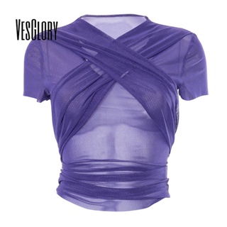 Vesglory เสื้อยืดแขนสั้น คอวี ผ้าตาข่าย สีม่วง สําหรับผู้หญิง 2023