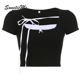 Sweeticme ใหม่ เสื้อยืดลําลอง แขนสั้น คอสี่เหลี่ยม เข้ารูป สีตัดกัน แฟชั่นสําหรับสตรี 2023