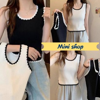 Minis shop🌸พร้อมส่ง🌸 (99086) เสื้อกล้ามไหมพรม สีขสวดำ น่ารักมินิมอล -C