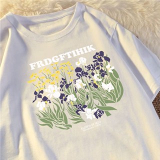 【💘💘】Korean loose cotton short-sleeved T-shirt cartoon letters flowers flowers grass printed  retro oversize top for wo