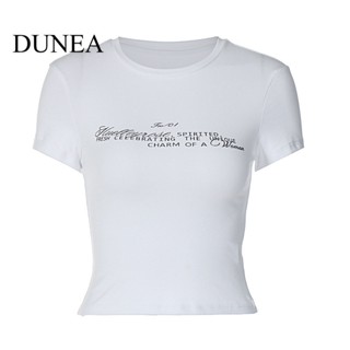 Dunea เสื้อยืด คอสูง แขนสั้น พิมพ์ลายโมโนแกรม เซ็กซี่ สําหรับผู้หญิง