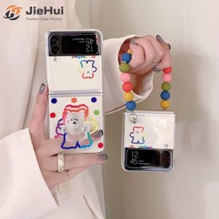 Jiehui เคสโทรศัพท์มือถือ ลายหมีคลื่น พร้อมขาตั้ง โซ่ สําหรับ Samsung Z Flip5 Z Flip4 Z Flip3