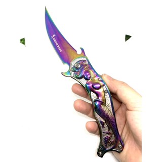 มีด มีดพับ BROWNING  ใบมีดลาย ด้ามจับลายนางเงือก สีรุ้งไทเท