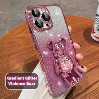 เคสโทรศัพท์มือถือ ลายกลิตเตอร์ ไล่โทนสี 3D หรูหรา สร้างสรรค์ สําหรับ iphone 14 pro max plus 13 12 11 pro max 360° เคส TPU นิ่ม แบบหมุนได้ ลายการ์ตูนหมีโหด กันกระแทก