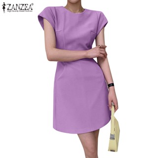 Zanzea ชุดเดรส คอกลม แขนสั้น สีพื้น สไตล์เกาหลี สําหรับผู้หญิง