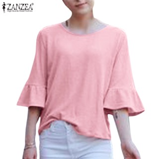 Zanzea เสื้อยืดลําลอง คอกลม แขนสามส่วน ผ้าถัก สไตล์วินเทจ สําหรับสตรี