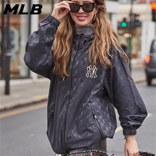 Mlb NY ของแท้ 100% เสื้อแจ็กเก็ต กันแดด มีฮู้ด ปักลายโลโก้ มีซิป สําหรับผู้ชาย ผู้หญิง