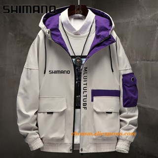 Shimano เสื้อแจ็กเก็ตคาร์โก้ แขนยาว มีฮู้ด แต่งซิป สไตล์ฮิปฮอป สตรีท ฮาราจูกุ พร้อมกระเป๋าใหญ่ สําหรับผู้ชาย