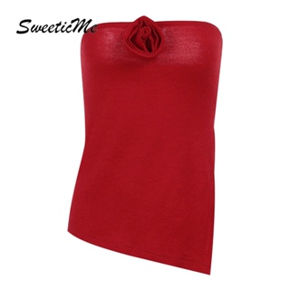 Sweeticme ใหม่ เสื้อท็อปลําลอง เข้ารูป ลายดอกไม้ สีพื้น เซ็กซี่ แฟชั่นสําหรับสตรี 2023