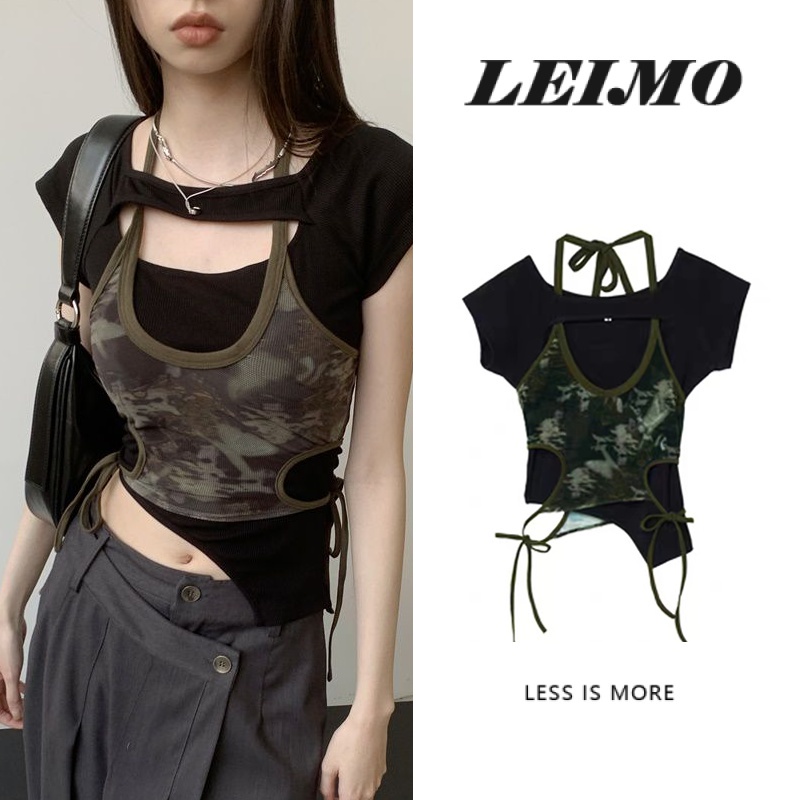 เสื้อยืด ผ้าตาข่าย พิมพ์ลายพราง สองชิ้น แฟชั่นฤดูร้อน สําหรับผู้หญิง