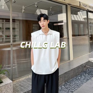 CHILLG LAB เสื้อกั๊กอเนกประสงค์เทรนด์แฟชั่นในเมืองสีทึบใหม่ชายฮาราจูกุประเภทหลวมเรียบง่ายสไตล์ญี่ปุ่นปกเสื้อกันเหงื่อ