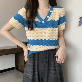 Classy .girl～เสื้อถัก  หลากสีคลื่นลายน่ารักเสื้อแขนสั้นถักนิตติ้ง เวอร์ชั่นเกาหลีหวานและสวยงามดูผอมบางเสื้อถัก#DZ00591
