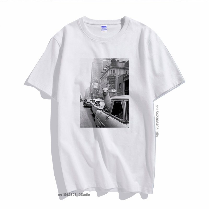 เมฆ1  เสื้อผ้าผชเสื้อยืดแขนสั้นลําลอง ผ้าฝ้าย พิมพ์ลาย llama in a taxi on Time สไตล์ฮาราจูกุS-5XL