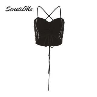 Sweeticme ใหม่ เสื้อกล้ามสายเดี่ยว ฉลุลาย เซ็กซี่ สีพื้น แฟชั่นสําหรับผู้หญิง 2023