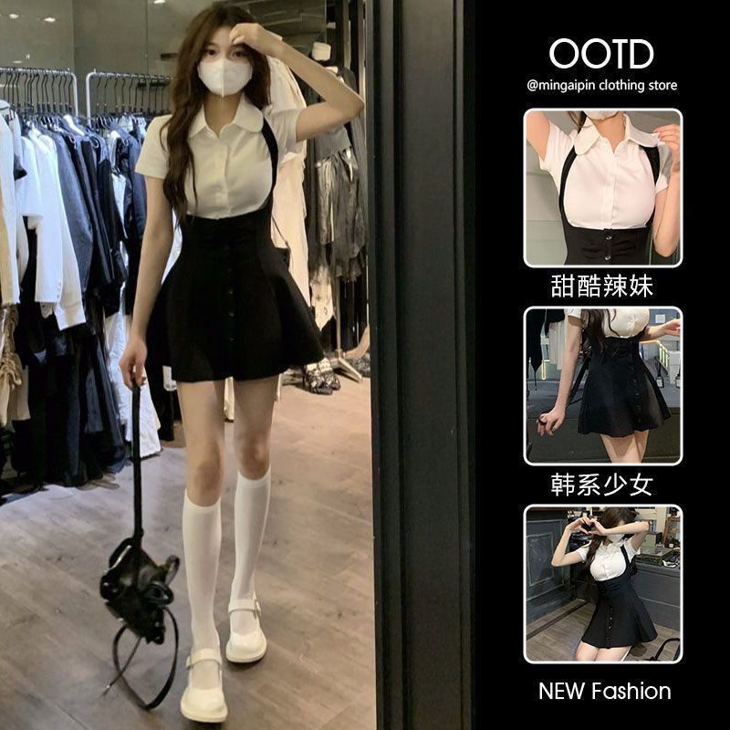 A-line กระโปรงสีดํากระโปรงสไตล์ใหม่ขนาดเล็กหญิง Slimmer ดู Classy ฤดูใบไม้ผลิฤดูร้อนชุดสั้น Single-Breasted เอวสูง AQI3