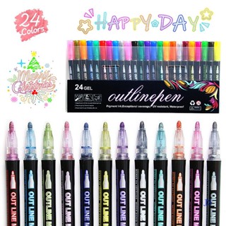 Js ปากกามาร์กเกอร์ ไฮไลท์ กลิตเตอร์ เส้นคู่ 12 สี 24 สี สําหรับวาดภาพ ระบายสี สมุดภาพ