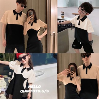 ✨🍑🍃เสื้อผ้าครอบครัว เสื้อยืดแขนสั้น โปโล / เดรส เย็บตัดกันสีขาวดำ