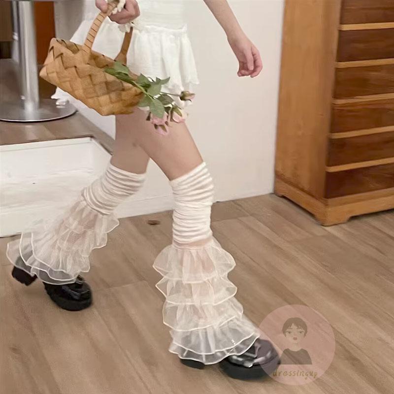 Dre-ผู้หญิง Ruffled Lace Patchwork ยาวต้นขาสูงถุงเท้า