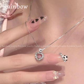 [Rainbow] สร้อยคอชุบเงิน จี้รูปหัวใจ ประดับเพชร เพทาย สีชมพู สําหรับผู้หญิง